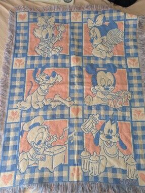 Vintage Disney Woven Tapestry Baby Blanket with Mickey & Friends - Blue and Pink